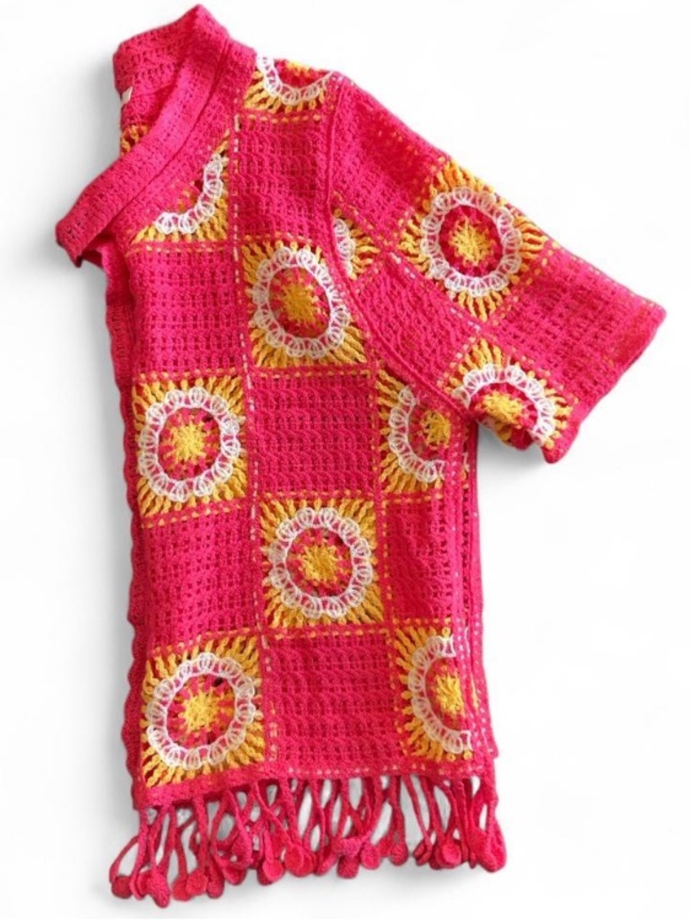 Handmade Crochet Pink Fringe Vest with Yellow & White Sunburst Squares